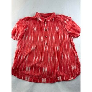 Talbots Red White Ikat Print Cotton‎ Short Sleeve Collared Shirt Top